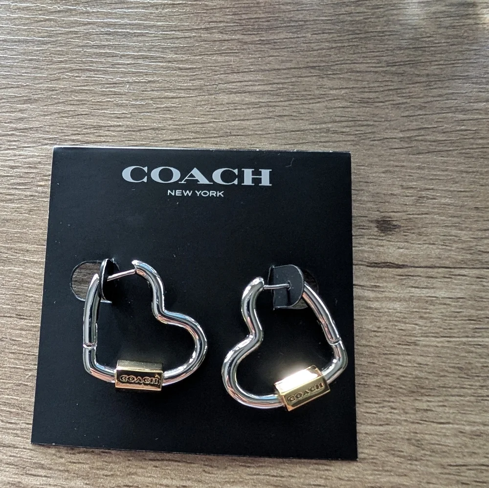 Coach Two-Tone Heart Earrings Silver Gold - Picture 2 of 2